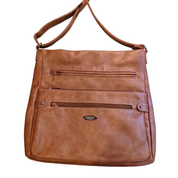 MultiSac Crossbody Vegan Leather Camel Tan Adjustable Strap Square Bag 11x11 x 3 - Picture 1 of 9